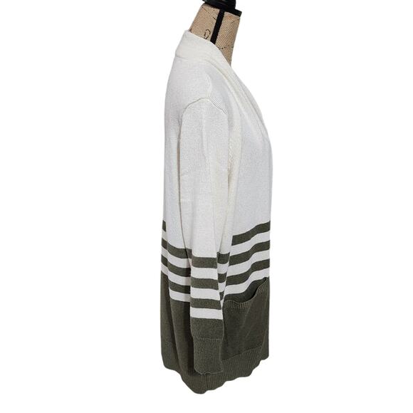 Michael Kors Striped Open Front Longline Cardigan Sweater XL White Olive Green - Picture 2 of 7